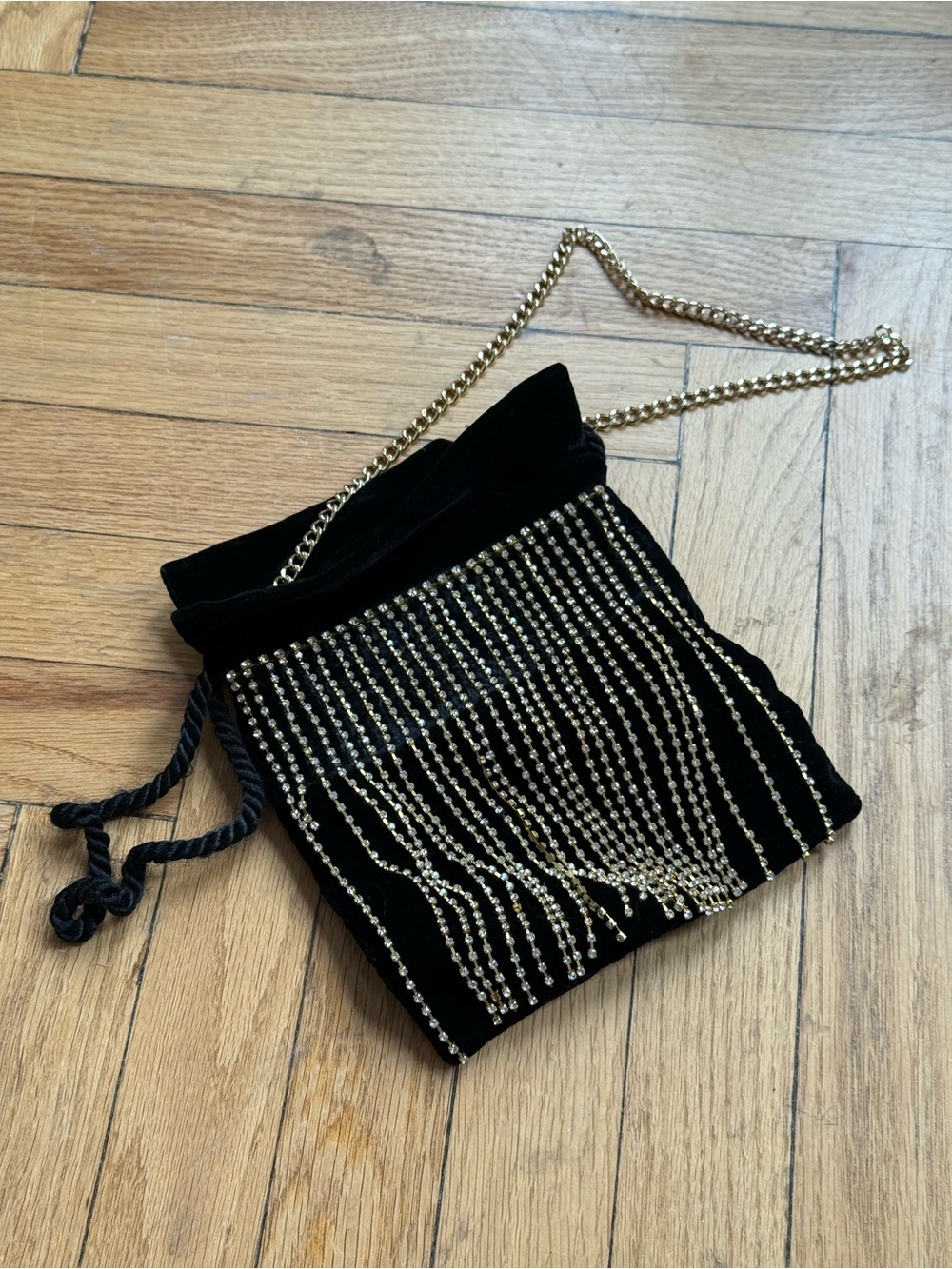 & Other Stories Black Velvet Crossbody with Gold Beaded Fringe